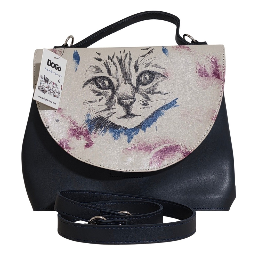 DOGO Cat Sketch Vegan Leather Satchel Bag Womens Medium Navy Blue Crossbody NEW